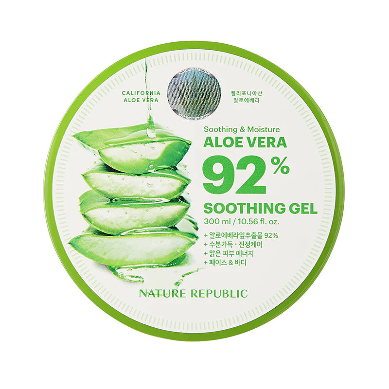 Nature Republic Soothing Moisture Aloe Vera 92% Soothing Gel in a 300 ml jar with clear packaging showcasing the aloe vera gel's soothing and moisturizing properties.