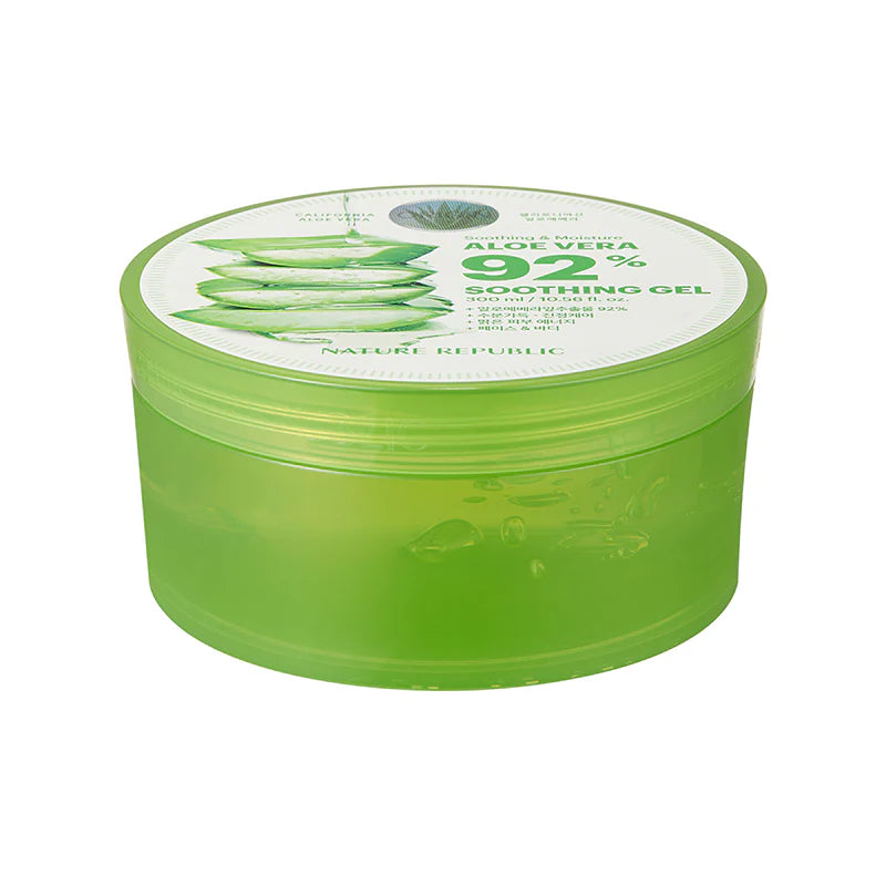 Nature Republic Soothing Moisture Aloe Vera 92% Soothing Gel in a 300 ml jar with clear packaging showcasing the aloe vera gel's soothing and moisturizing properties.