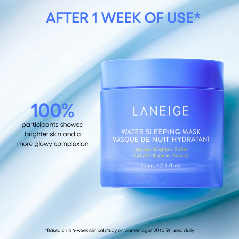 Laneige Water Sleeping Mask benefits – Hydrates, brightens, and softens the skin overnight, leaving a smooth, glowing complexion in the morning.