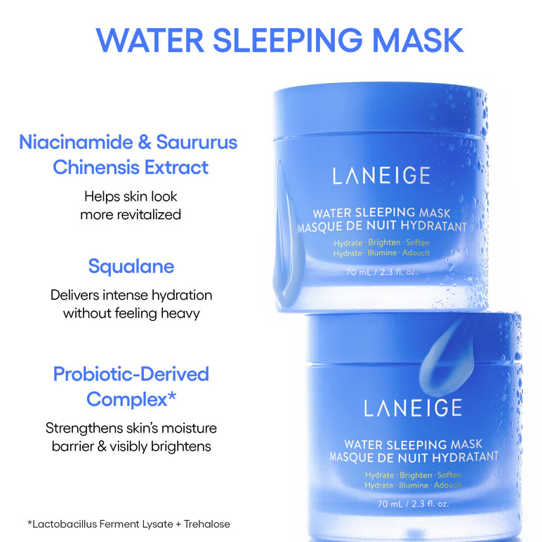 Key ingredients in Laneige Water Sleeping Mask – Hyaluronic Acid, Squalane, Niacinamide, and Probiotic-derived complex to hydrate, brighten, and nourish the skin.