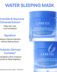 Key ingredients in Laneige Water Sleeping Mask – Hyaluronic Acid, Squalane, Niacinamide, and Probiotic-derived complex to hydrate, brighten, and nourish the skin.