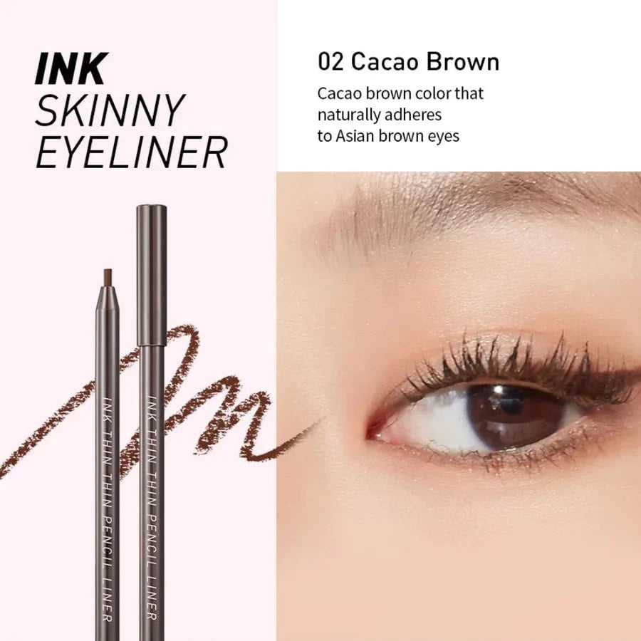 Peripera Ink Thin Thin Pencil Liner with a precise 2mm tip for creating wide-eyed looks. Available in two shades: Cacao Brown and Black Noir, offering smooth, long-lasting, and smudge-proof application for the perfect eyeliner every time.