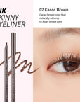 Peripera Ink Thin Thin Pencil Liner with a precise 2mm tip for creating wide-eyed looks. Available in two shades: Cacao Brown and Black Noir, offering smooth, long-lasting, and smudge-proof application for the perfect eyeliner every time.