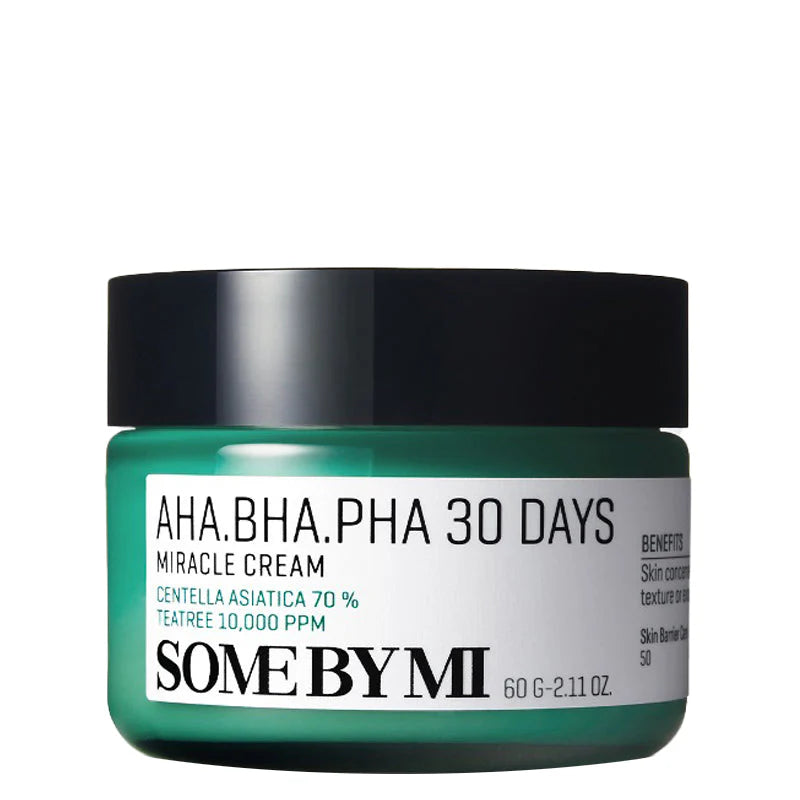 Some By Mi AHA BHA PHA 30 Days Miracle Cream – A soothing, non-greasy moisturizer that helps treat acne and strengthens the skin barrier.