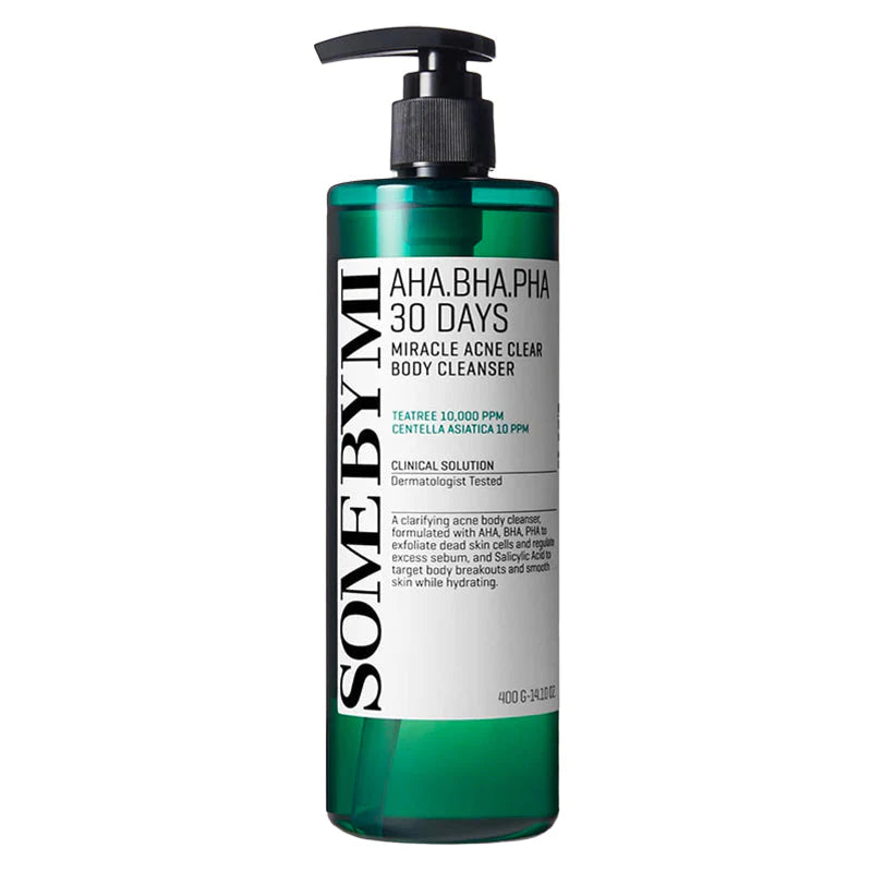 Some By Mi AHA BHA PHA Miracle Acne Body Cleanser – A body wash with AHA, BHA, and PHA to exfoliate, clear acne, and smooth the skin.