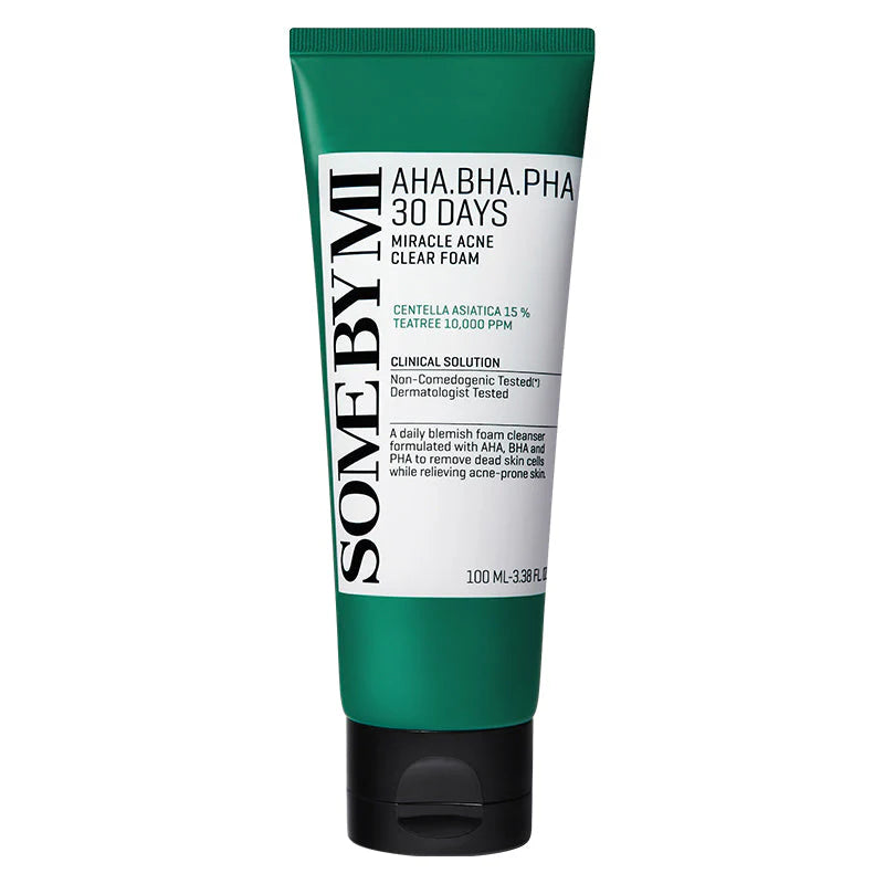 Some By Mi AHA BHA PHA 30 Days Miracle Foam – Acne-clearing cleanser with AHA, BHA, PHA, and salicylic acid to deeply cleanse and control oil.