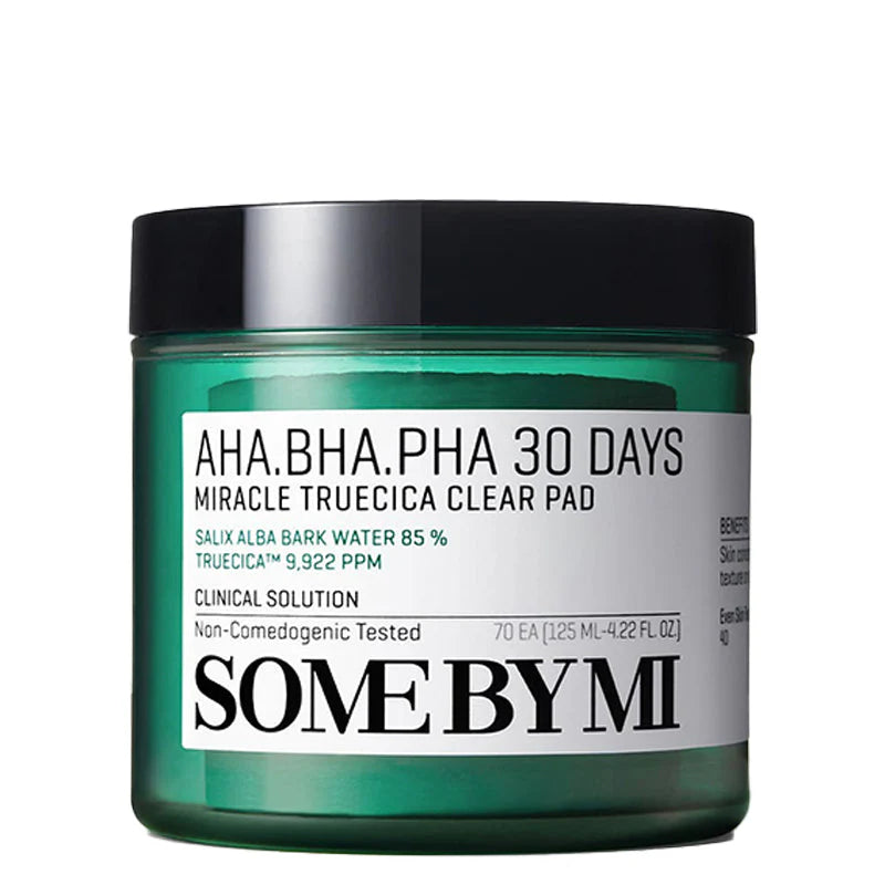 Some By Mi AHA BHA PHA 30 Days Miracle Truecica Clear Pad – Exfoliating cotton pads soaked in Truecica essence and AHA/BHA/PHA to clear acne and improve skin texture.