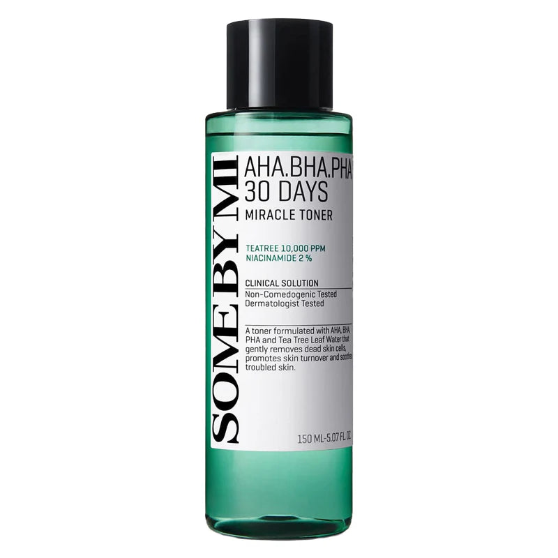 Some By Mi AHA BHA PHA 30 Days Miracle Toner – Exfoliating toner with AHA, BHA, PHA, tea tree extract, and niacinamide for clear, smooth, and bright skin.