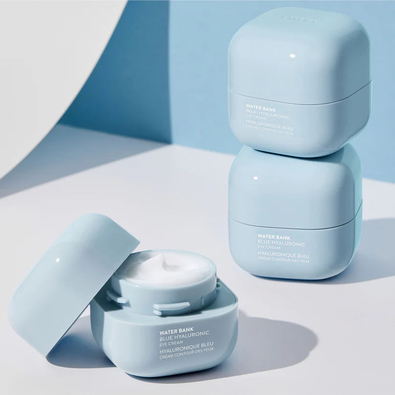 Laneige Water Bank Blue Hyaluronic Eye Cream – Hydrating and brightening eye cream with Blue Hyaluronic Acid, Niacinamide, and Caffeine, designed to reduce puffiness and dark circles around the eyes.