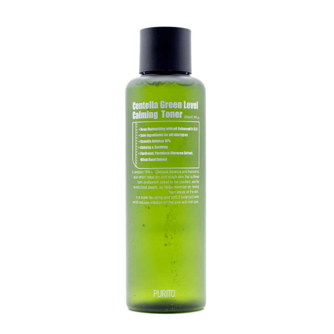 Purito Centella Green Level Calming Toner, a 200ml hydrating toner with Centella Asiatica and Hyaluronic Acid, designed to soothe, hydrate, and tighten pores while leaving skin smooth and refreshed.