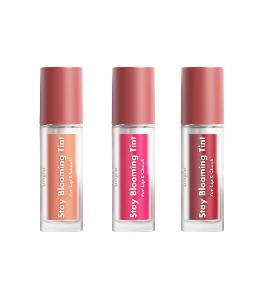 Unpa Bubi Bubi Stay Blooming Tint For Lip Cheek Multifunctional Lip Tint – A high-shine, dewy tint for lips and cheeks, formulated with nourishing Acai Berry Extract. Available in Hydrangea Coral and Paeonia Pink shades.