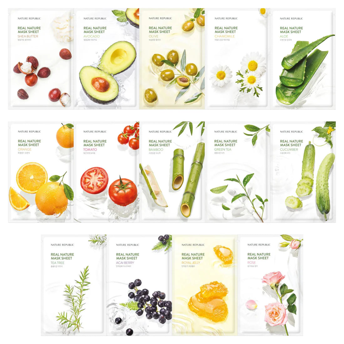 Nature Republic Real Nature Mask Sheet in a colorful pouch, showcasing five different variants: Acai Berry, Cucumber, Tomato, Aloe, and Shea Butter, each for skin care benefits.
