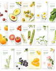 Nature Republic Real Nature Mask Sheet in a colorful pouch, showcasing five different variants: Acai Berry, Cucumber, Tomato, Aloe, and Shea Butter, each for skin care benefits.