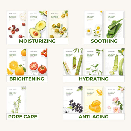 Nature Republic Real Nature Mask Sheet in a colorful pouch, showcasing five different variants: Acai Berry, Cucumber, Tomato, Aloe, and Shea Butter, each for skin care benefits.