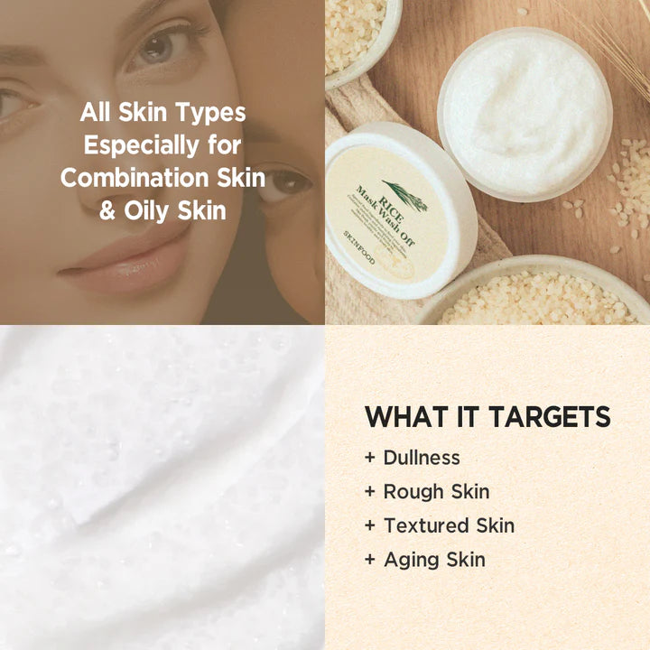 Close-up of Skinfood Rice Mask Wash Off – Creamy mask with soft granules for gentle exfoliation and a glowing complexion.