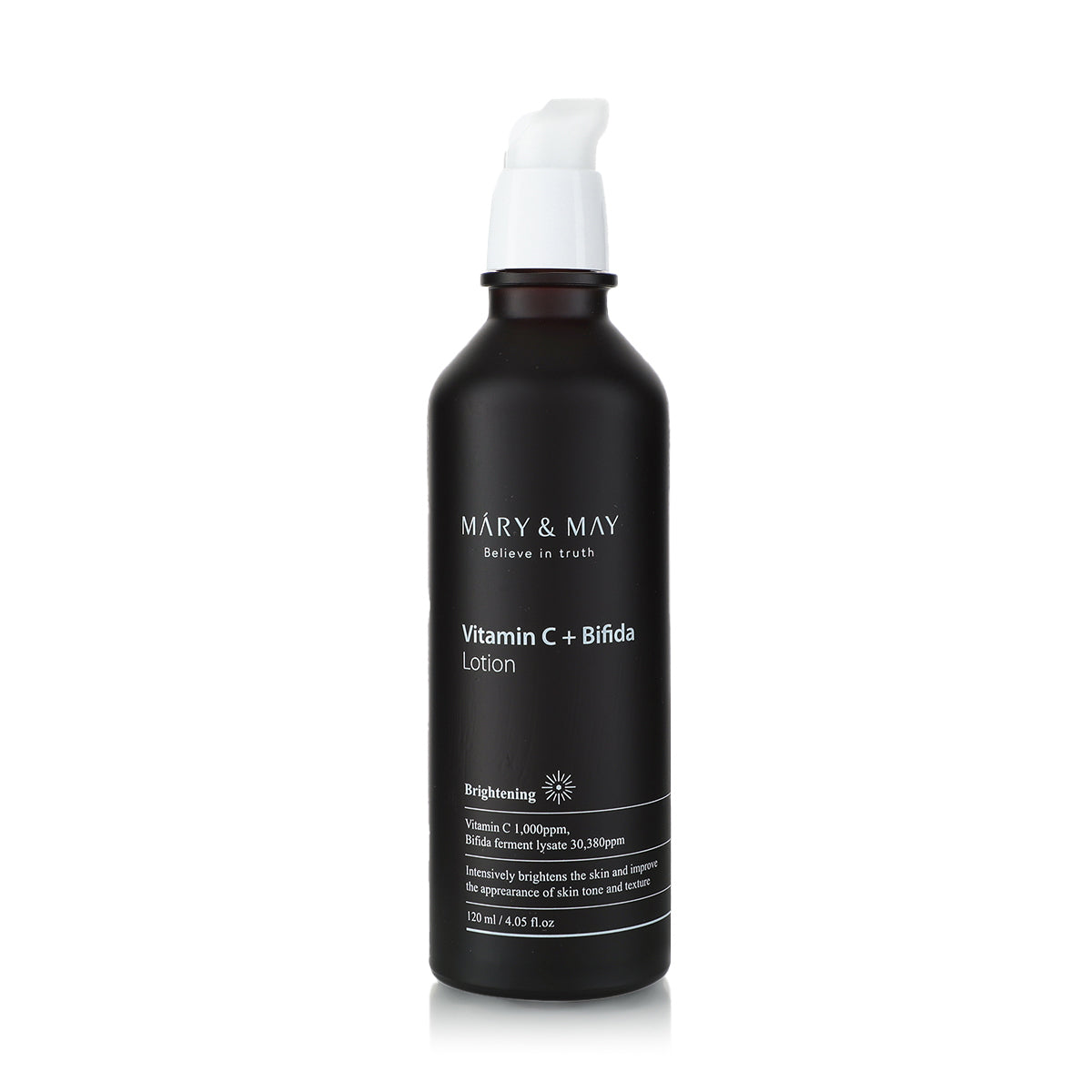 Mary & May Vitamin C + Bifida Lotion – A 120ml bottle of moisturizing lotion with 30,000ppm Bifida Ferment Lysate and 1,000ppm Vitamin C, designed to brighten, hydrate, and protect the skin.