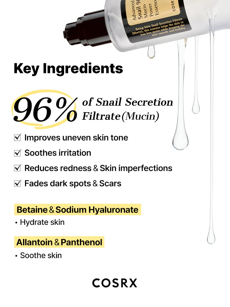 Cosrx Advanced Snail 96 Mucin Power Essence – Key ingredients include 96% snail secretion filtrate and sodium hyaluronate for deep nourishment and plumping
