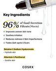 Cosrx Advanced Snail 96 Mucin Power Essence – Key ingredients include 96% snail secretion filtrate and sodium hyaluronate for deep nourishment and plumping