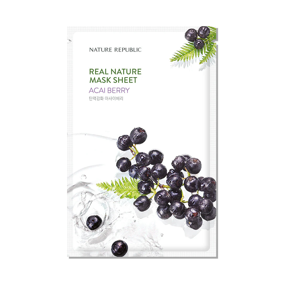 Nature Republic Real Nature Mask Sheet in a colorful pouch, showcasing five different variants: Acai Berry, Cucumber, Tomato, Aloe, and Shea Butter, each for skin care benefits.