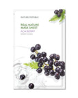 Nature Republic Real Nature Mask Sheet in a colorful pouch, showcasing five different variants: Acai Berry, Cucumber, Tomato, Aloe, and Shea Butter, each for skin care benefits.