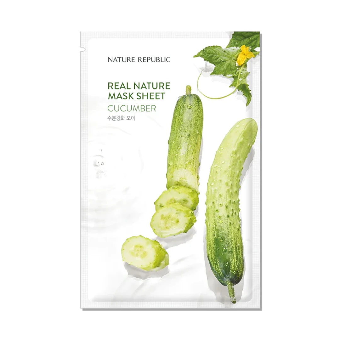 Nature Republic Real Nature Mask Sheet in a colorful pouch, showcasing five different variants: Acai Berry, Cucumber, Tomato, Aloe, and Shea Butter, each for skin care benefits.
