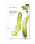 Nature Republic Real Nature Mask Sheet in a colorful pouch, showcasing five different variants: Acai Berry, Cucumber, Tomato, Aloe, and Shea Butter, each for skin care benefits.