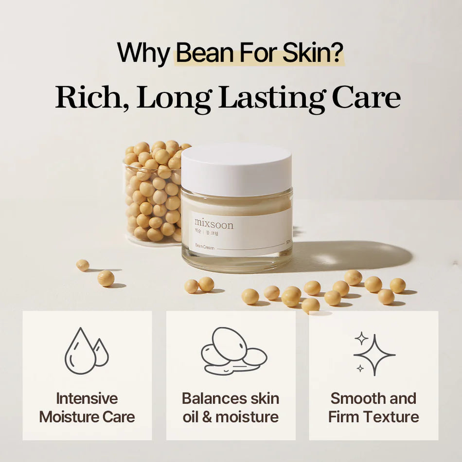 Key ingredients of Mixsoon Bean Cream – Featuring fermented bean extract, Korean pear, pomegranate, barley, and peony root extract, all working to nourish and brighten the skin.