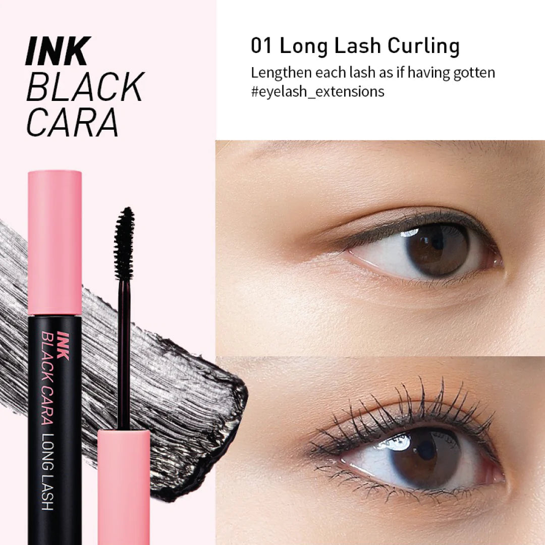 Before and after using the Waterproof Mascara, highlighting the dramatic increase in lash length, volume, or curl, depending on the mascara type used.
