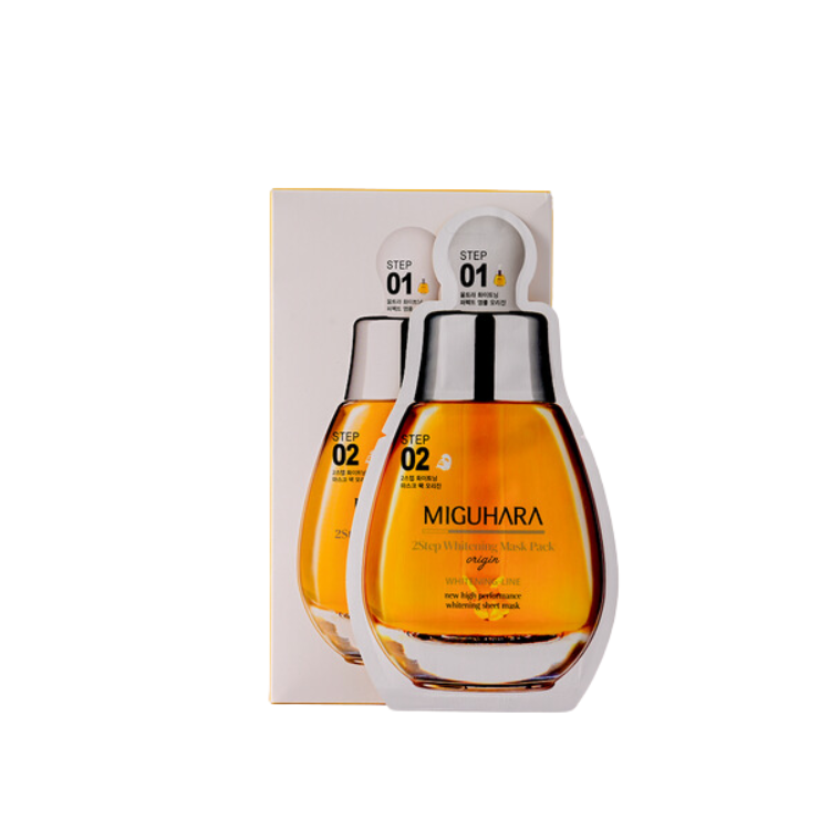 MIGUHARA 2 Step Whitening Mask Pack – A brightening and soothing mask containing niacinamide and chamomile extract to improve skin tone and hydrate the skin.