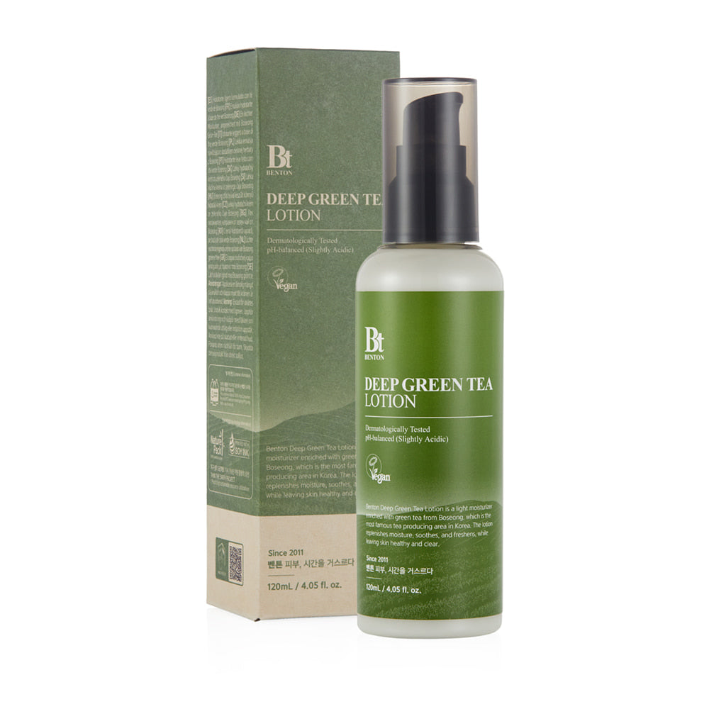 Benton Deep Green Tea Lotion packaging with product instructions, highlighting its benefits for sensitive and oily skin types with oil-moisture balance and soothing properties