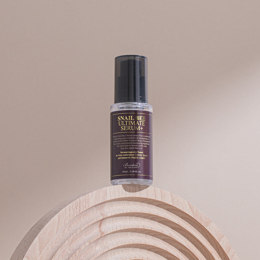 Key ingredients in Benton Snail Bee Ultimate Serum Plus: 70% Snail Secretion, 6 Peptides, and Bee Venom – Promotes skin regeneration, elasticity, and protection
