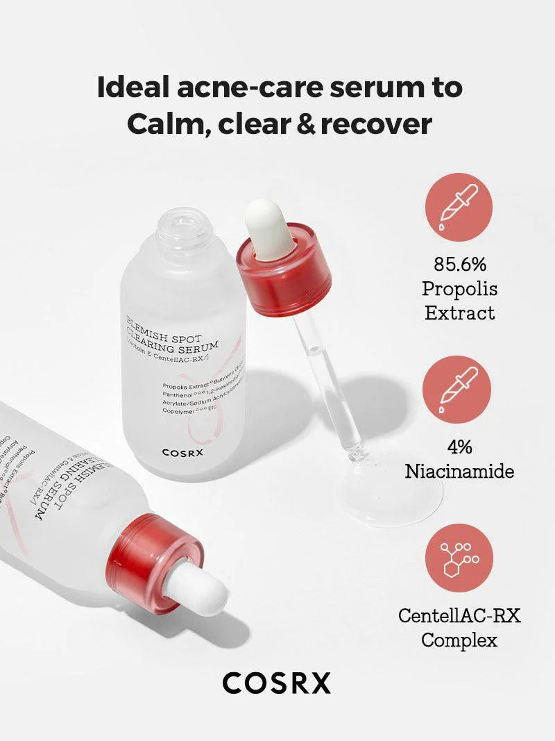 Close-up of COSRX AC Collection Blemish Spot Clearing Serum texture – Fast-absorbing, non-sticky formula that targets acne marks and dark spots while calming the skin