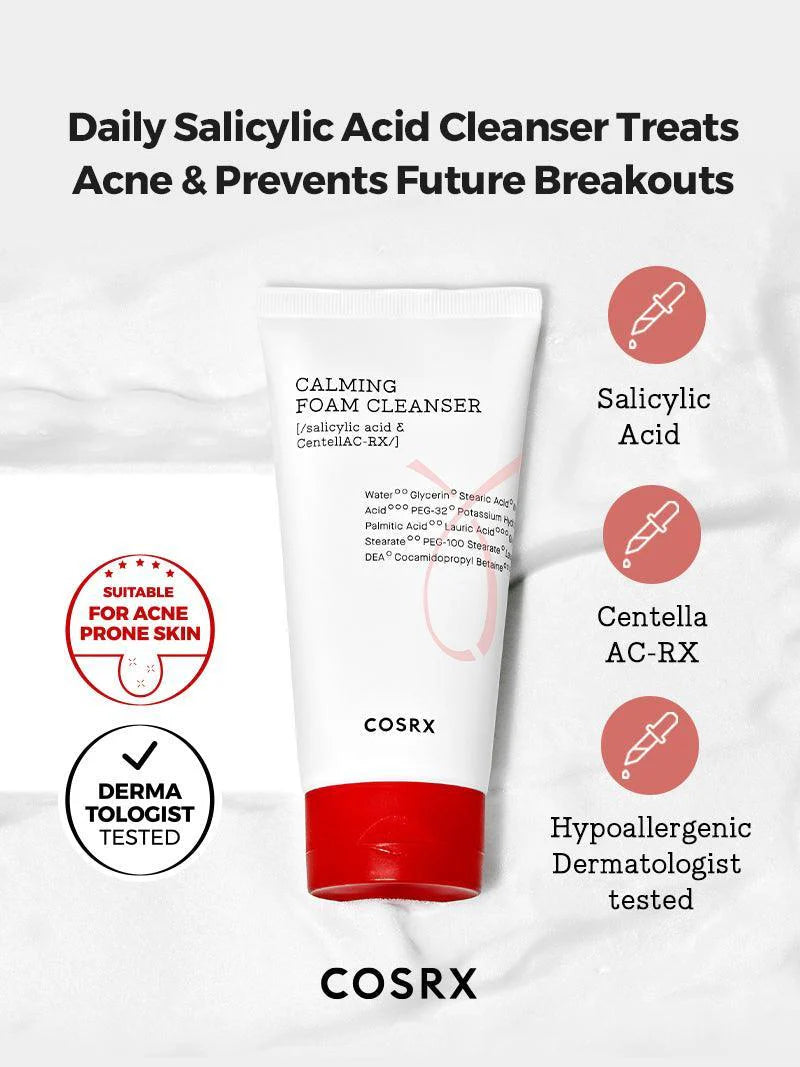 Key ingredients in COSRX AC Collection Calming Foam Cleanser: Centella AC-RX Complex and Salicylic Acid – Calms, heals, and helps clear acne-prone skin with gentle exfoliation