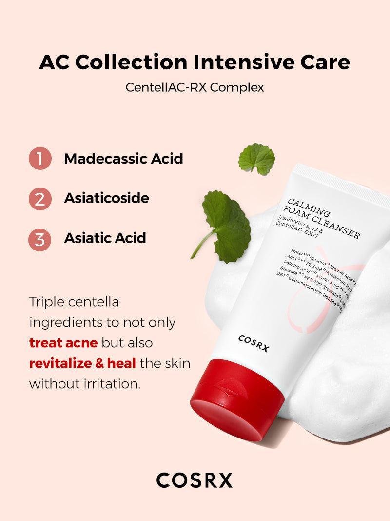 Key ingredients in COSRX AC Collection Calming Foam Cleanser: Centella AC-RX Complex and Salicylic Acid – Calms, heals, and helps clear acne-prone skin with gentle exfoliation