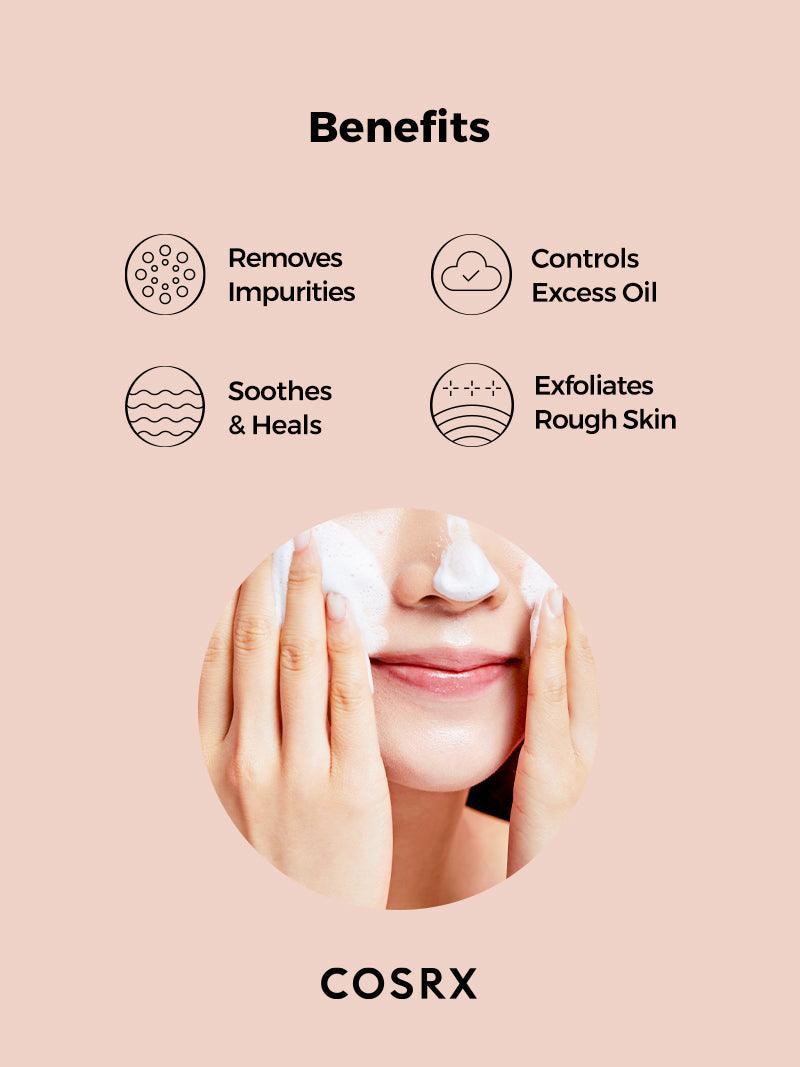 Applying COSRX AC Collection Calming Foam Cleanser – Gentle, soothing foam cleanser with Salicylic Acid to exfoliate and cleanse acne-prone skin while maintaining hydration