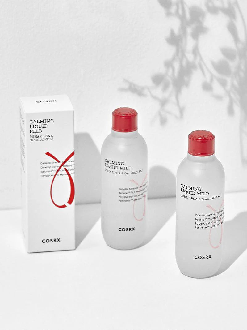 COSRX AC Collection Calming Liquid Mild packaging – Hypoallergenic formula with Green Tea, BHA, PHA, and Centella to calm, exfoliate, and hydrate acne-prone skin