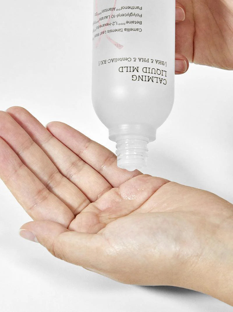 Close-up of COSRX AC Collection Calming Liquid Mild texture – Lightweight liquid essence that gently exfoliates, controls sebum, and soothes sensitive skin