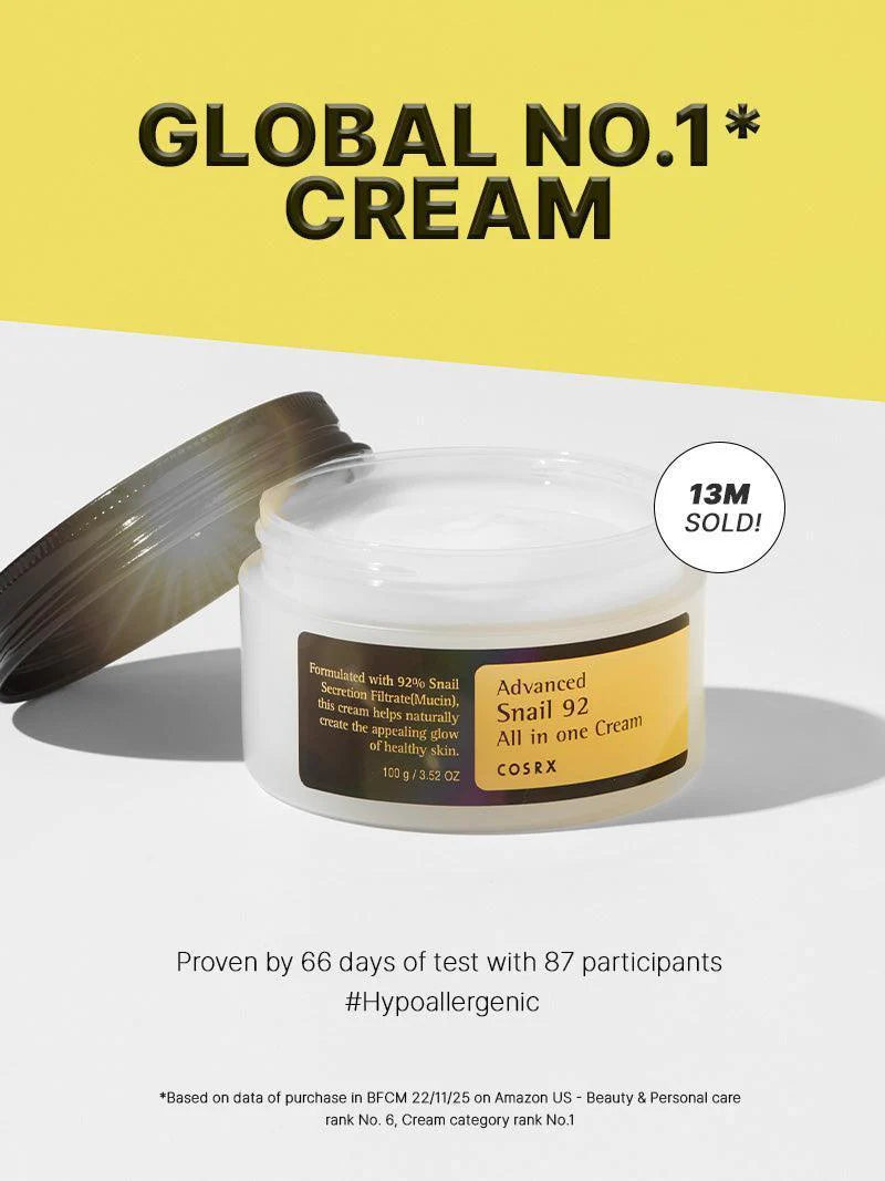 Cosrx Advanced Snail 92 All-In-One Cream – Moisturizer with 92% snail mucin for deep hydration, skin repair, and soothing irritated skin