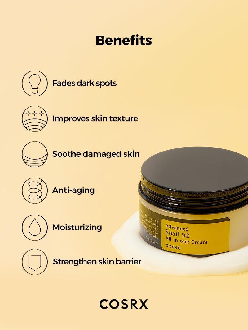 Cosrx Advanced Snail 92 All-In-One Cream – Moisturizer with 92% snail mucin for deep hydration, skin repair, and soothing irritated skin