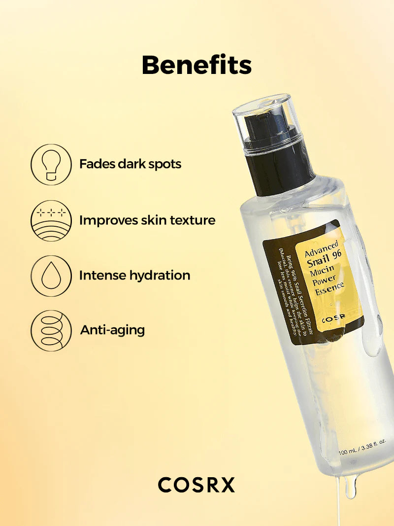 Cosrx Advanced Snail 96 Mucin Power Essence – Lightweight essence with 96% snail secretion filtrate for deep hydration, skin repair, and a natural glow