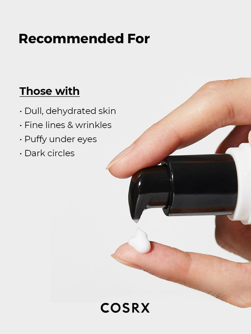 Close-up of COSRX Advanced Snail Peptide Eye Cream – Lightweight, fast-absorbing formula that firms and hydrates the skin around the eyes