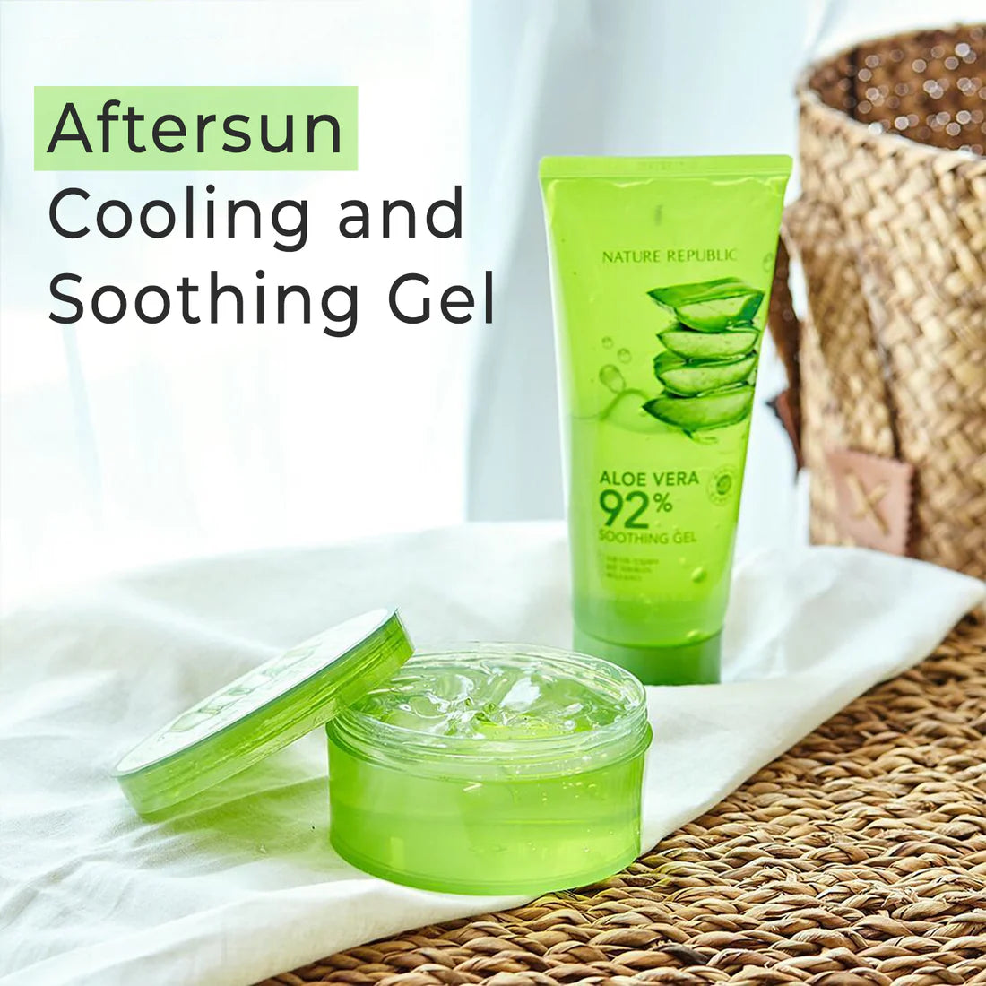 Nature Republic Soothing Moisture Aloe Vera 92% Soothing Gel in a 300 ml jar with clear packaging showcasing the aloe vera gel's soothing and moisturizing properties.