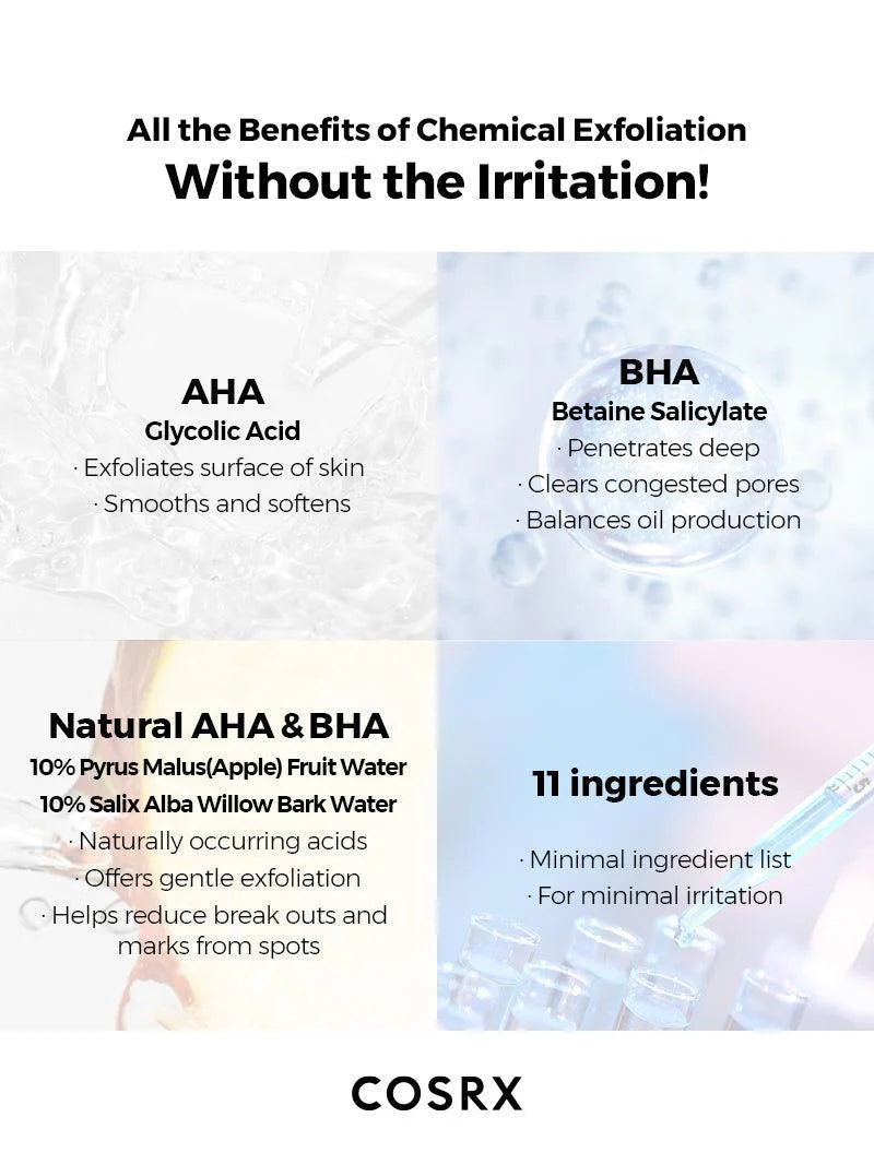 Glycolic acid and betaine salicylate in COSRX AHA BHA Clarifying Treatment Toner – effective ingredients for exfoliation, pore clearing, and oil control