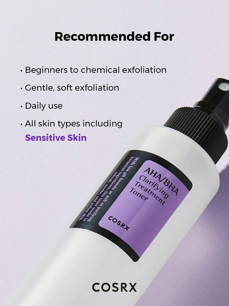 COSRX AHA BHA Clarifying Treatment Toner – gentle exfoliating toner that clears pores, controls oil, and hydrates for smooth, refreshed skin