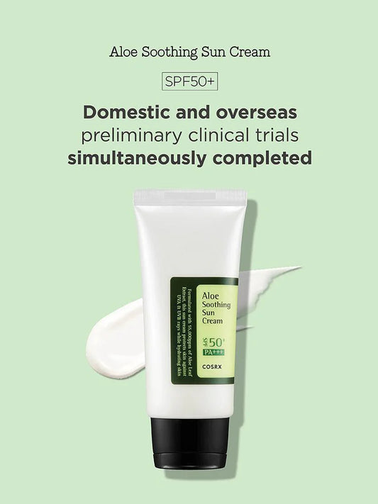 SPF50 PA+++ COSRX Aloe Soothing Sun Cream – Daily sunscreen with aloe for hydration and calming, lightweight moisturizer-like texture, ideal for sensitive skin, leaves no white cast.