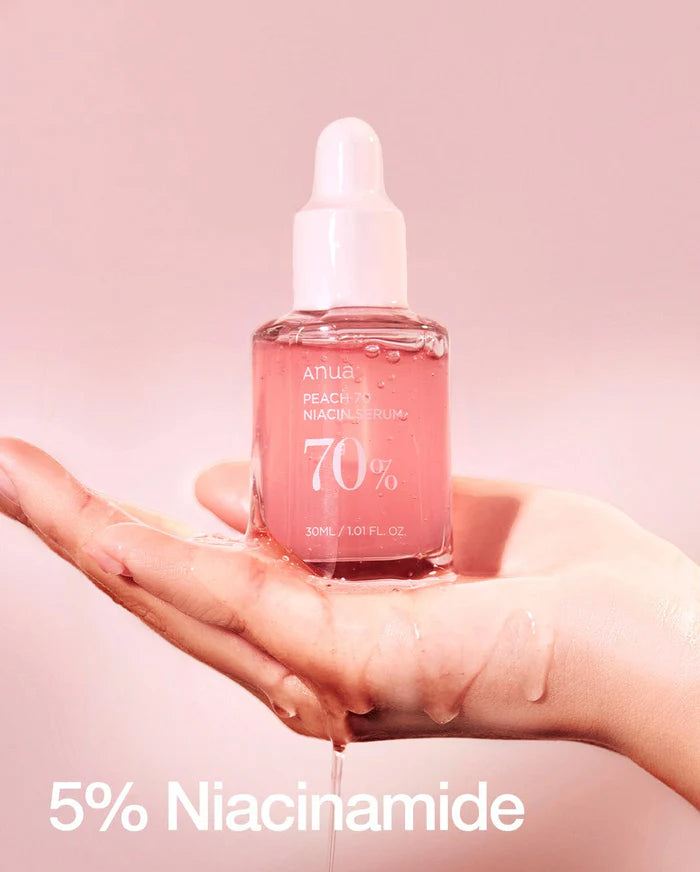 Anua Peach Niacinamide Serum with 70% peach extract and 5% niacinamide for brightening and hydration