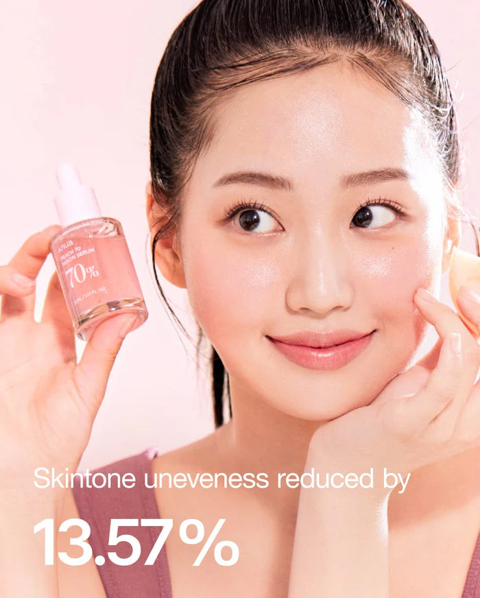 Anua Peach Niacinamide Serum reduces dark spots by 22.46% and brightens skin for a radiant glow