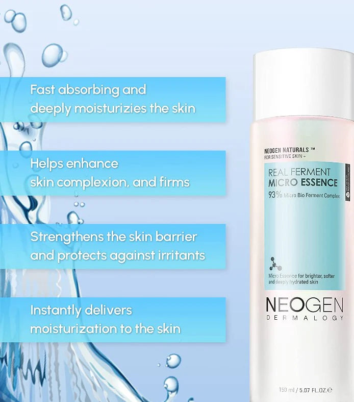 Neogen Real Ferment Micro Essence (150 ml) in its sleek, minimalist bottle, highlighting the hydrating and skin barrier-strengthening benefits of its natural fermented ingredients.