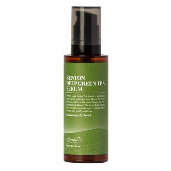 Benton Deep Green Tea Serum 35ml bottle with a soothing, hydrating formula. Contains 50% green tea and 7 types of hyaluronic acid for oil control and calming sensitive skin."