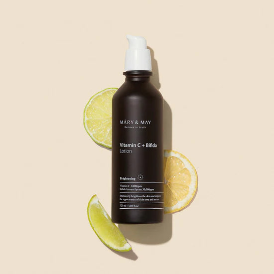 Mary & May Vitamin C + Bifida Lotion – A 120ml bottle of moisturizing lotion with 30,000ppm Bifida Ferment Lysate and 1,000ppm Vitamin C, designed to brighten, hydrate, and protect the skin.